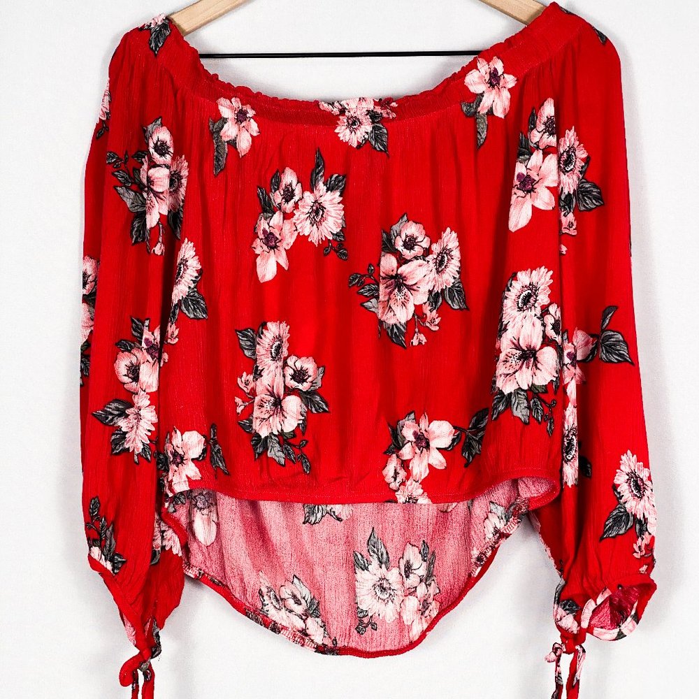 Red Floral Crepe Off the Shoulder Crop Top - XXL